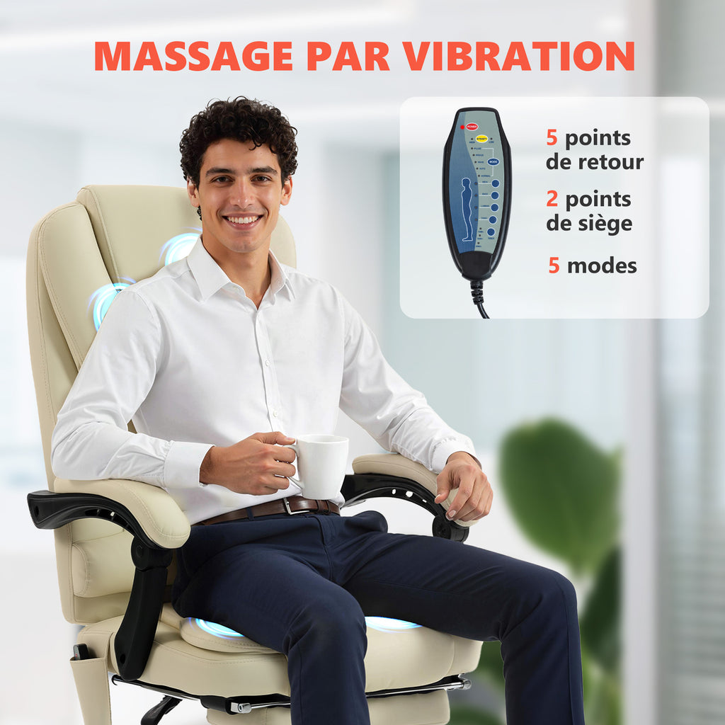 Fauteuil de bureau massant, chaise de bureau avec hauteur réglable, dossier inclinable et télécommande filaire, beige-3