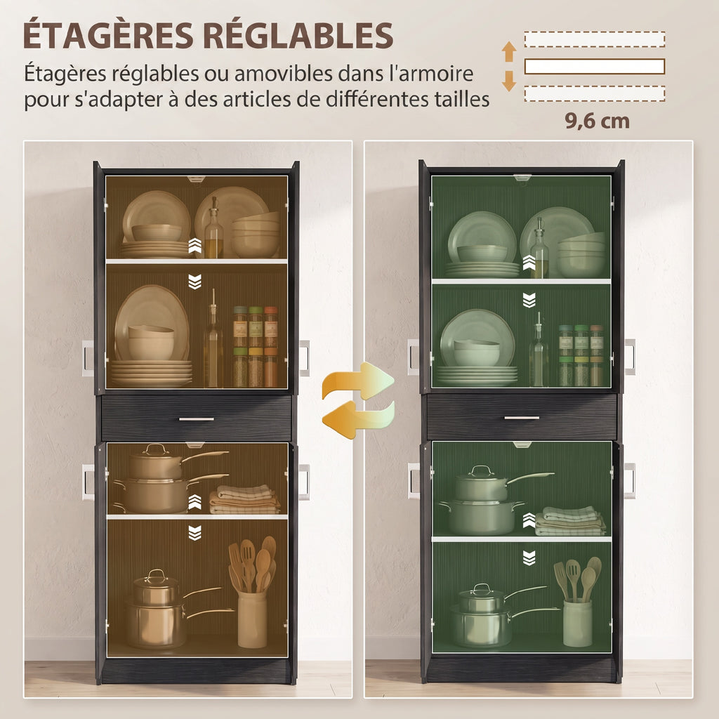 Buffet haut armoire de cuisine 4 portes 2 placards et 1 tiroir central hauteur 180 cm avec 2 étagères réglables noir-4