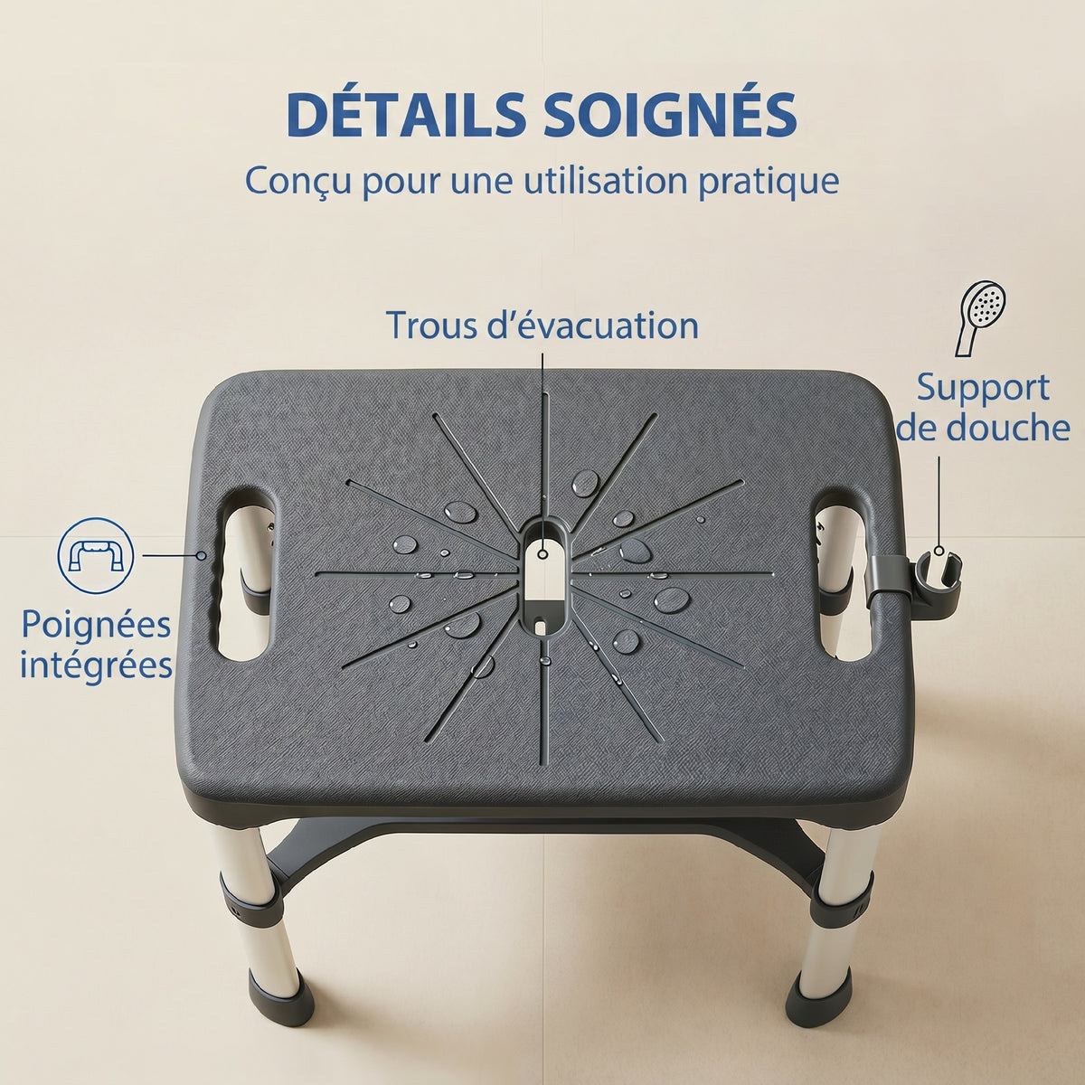Tabouret de Douche Hauteur Ajustable avec Étagère Intégrée et Barre d'Appui à Ventouse pour Seniors et Handicapés, Gris-6
