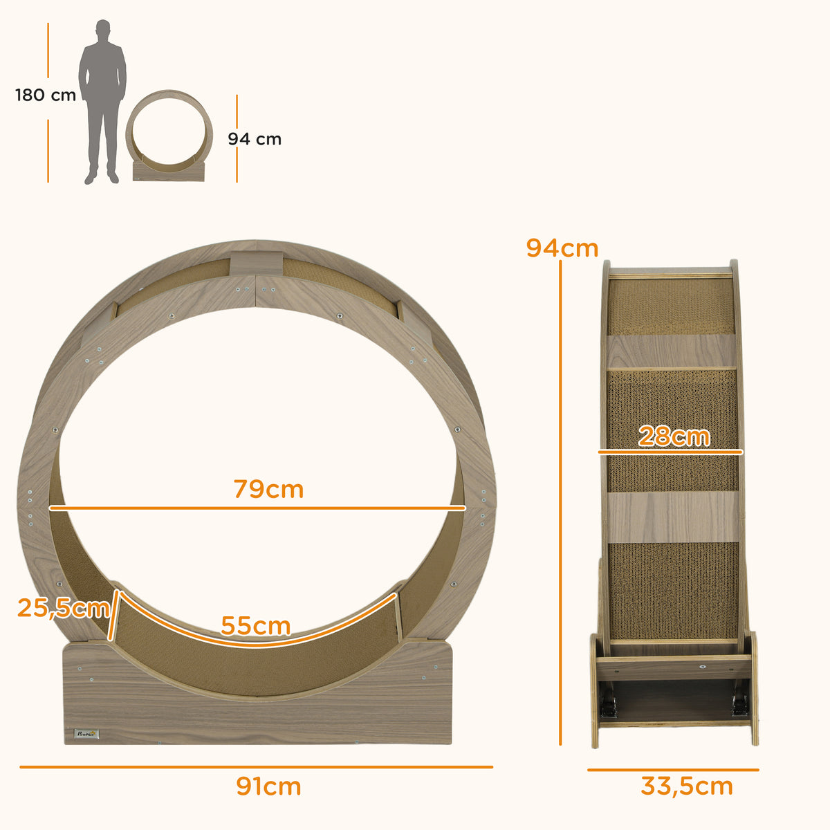 Roue d'exercice pour chat roue de course pour chat frein sécurisé et tapis de grattage amovible silencieux 91 cm marron-2