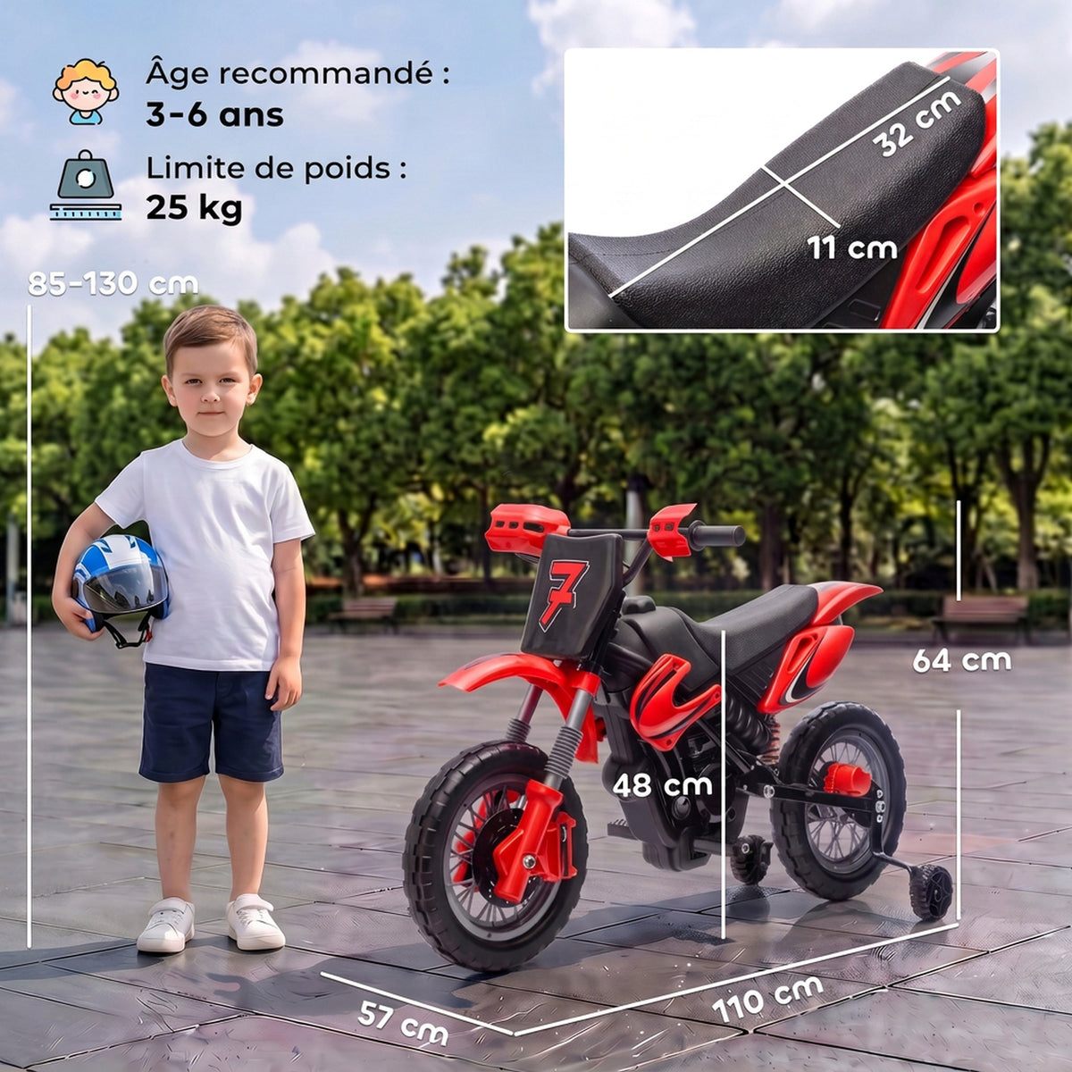 Moto Électrique Enfants 12 V, Vitesse Max 3 Km/h, Batterie au Lithium, Double Moteur, Suspension Arrière, Rouge-2