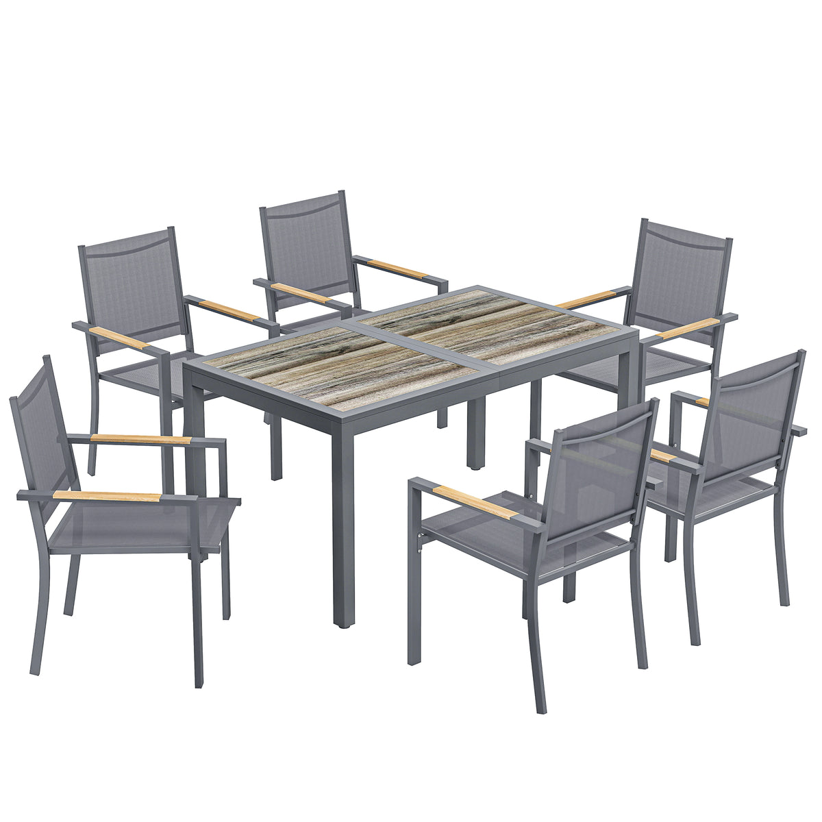 Salon de Jardin Ensemble Mobilier de Jardin 7 Pièces Table Effet Bois 6 Chaises Empilables en Textilène 140x80x72cm Gris-0