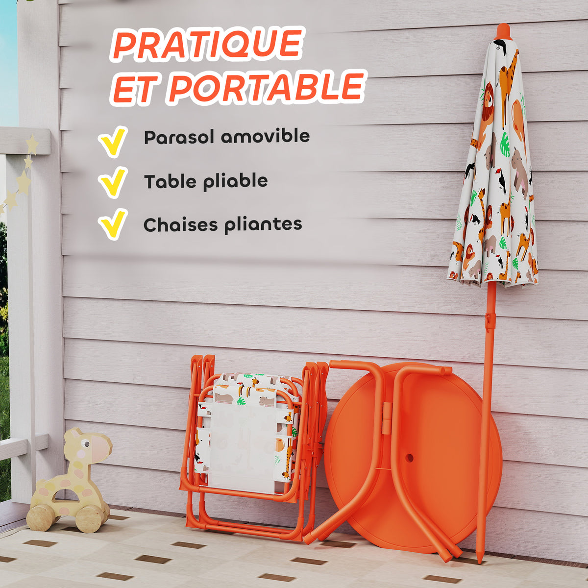 Salon de jardin enfant, table enfant avec 2 chaises pliantes et parasol Ø 100 cm, motif animal, orange-4