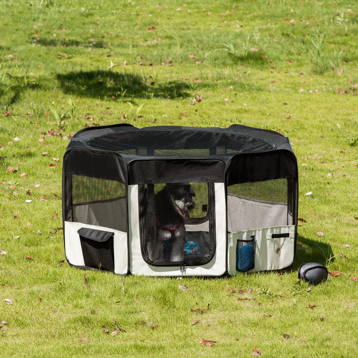 Parc enclos pliable pour chien chat petits animaux octogonal en tissu Oxford et acier - Ø 120 x 58H cm - noir et crème-1