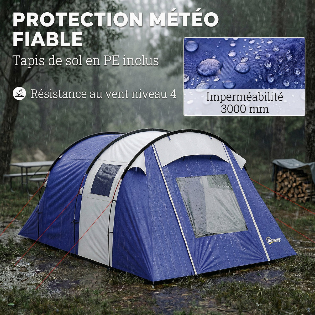 Tente de Camping pour 4 Personnes, 2 Chambres, Imperméable 3000mm, avec Tapis de Sol et Sac, 420x300x200cm, Bleu Foncé-4