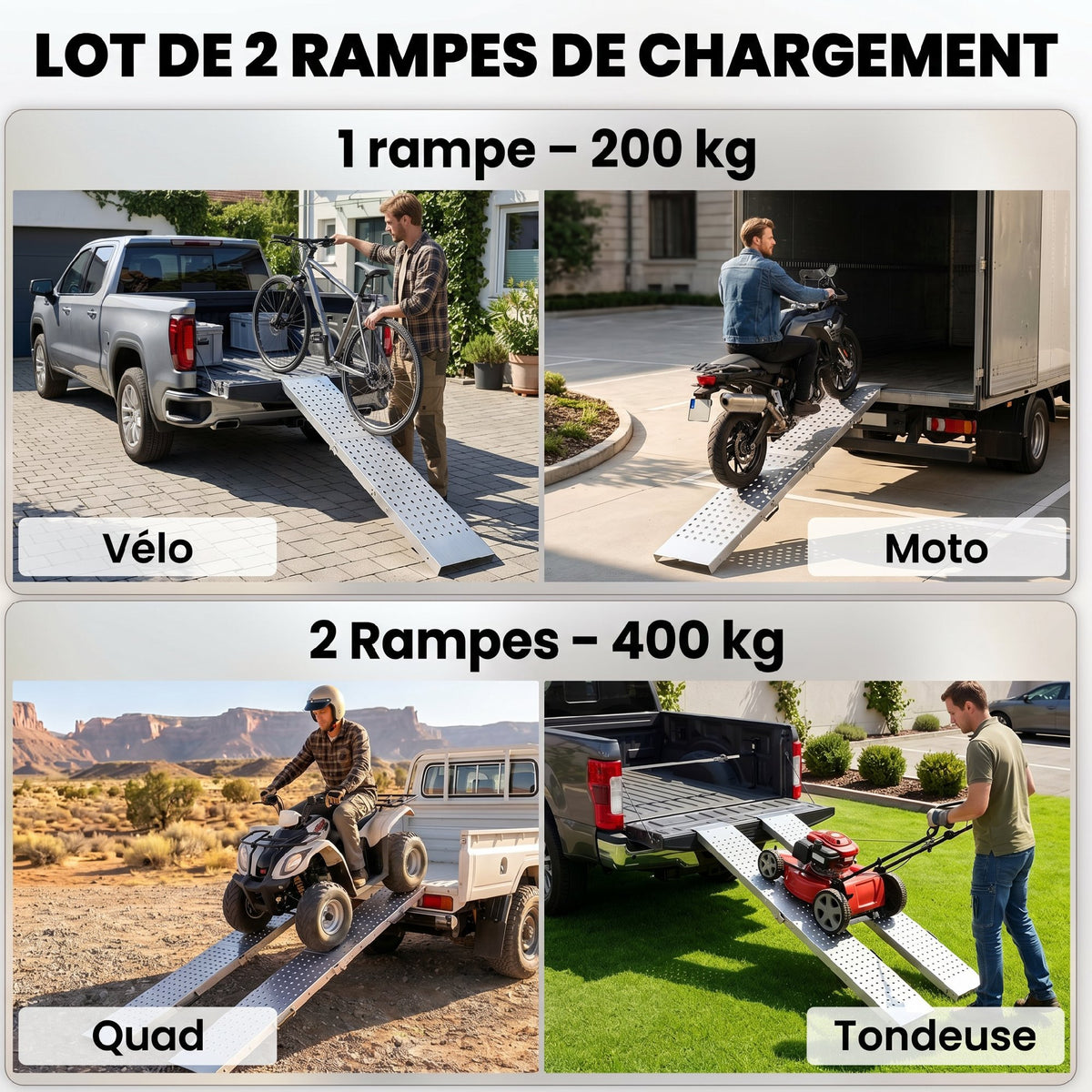 Lot de 2 Rampes de Chargement Pliantes avec Poignées et Surface Antidérapante, Charge Max. 400 kg, 180 x 25,5 cm, Argent-3
