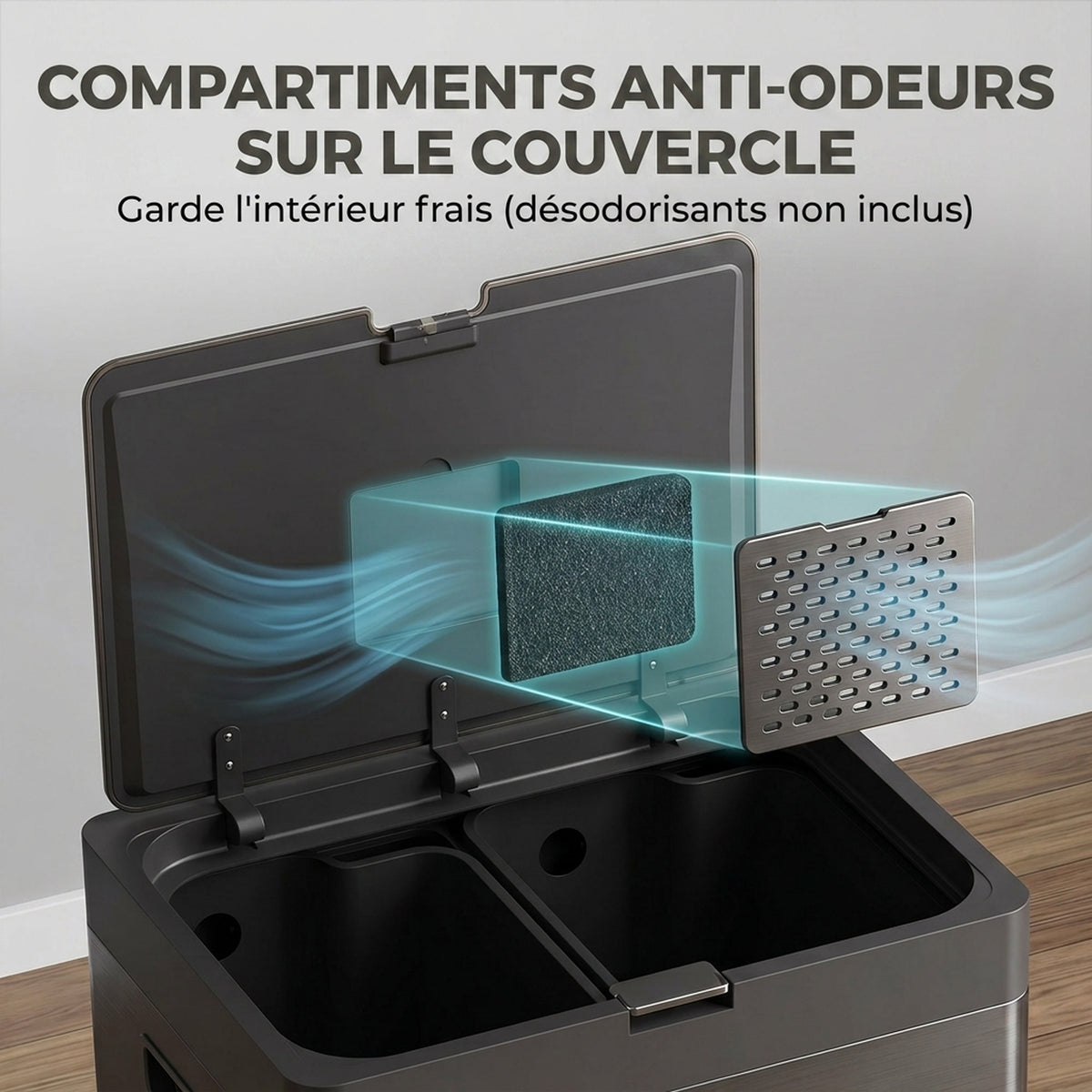 Poubelle Rectangulaire à Pédale, Poubelle Cuisine 56L, 3 Compartiments, Fermeture Douce, Acier Inox, 45,7x35,8x76cm Noir-4