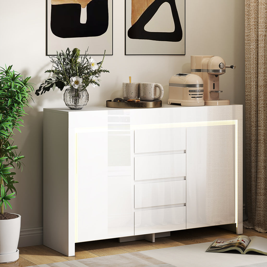 Buffet salon, meuble de rangement avec éclairage LED 4 tiroirs portes à fermeture douce 120 x 34 x 80 cm, blanc brillant-1