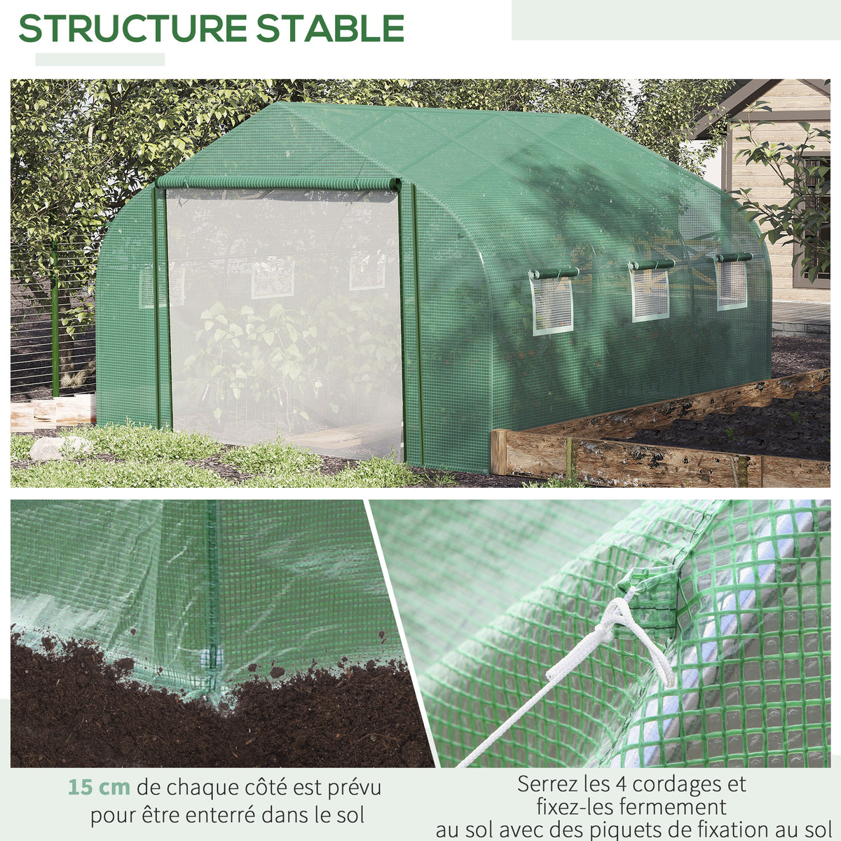 Serre Tunnel de Jardin Grande 3.5 x 3 x 2 m - 6 fenêtres et Porte zippée Enroulable - Acier galvanisé PE Haute densité Vert-5