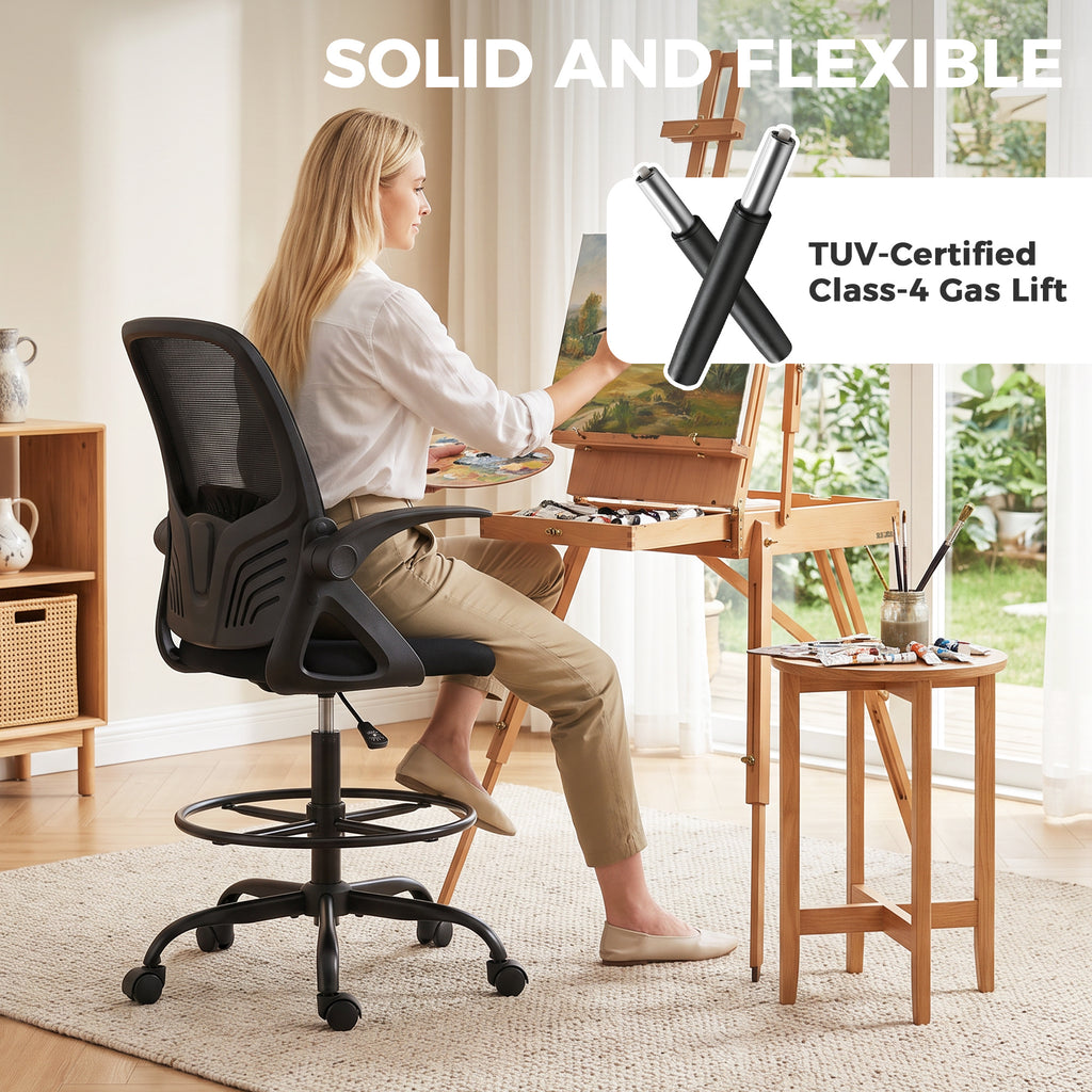 Chaise Bureau Ergonomique avec Soutien Lombaire Réglable, Chaise de Dessin en Maille, Accoudoirs Relevables, Noir-8