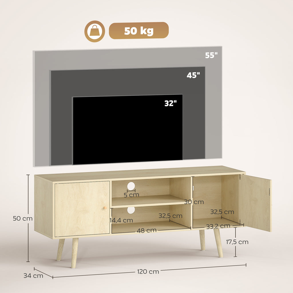 Meuble TV meuble télé pour téléviseur jusqu'à 55 pouces 2 placards et 2 étagères ouvertes 120x34x50cm effet bois naturel-2