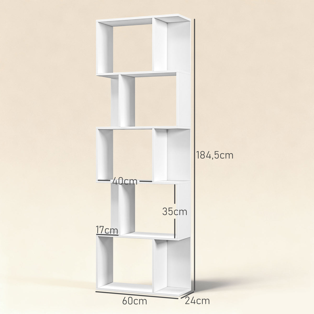 Bibliothèque à 5 niveaux, meuble de rangement en forme de S avec étagères, 60 x 24 x 184,5 cm, blanc-2