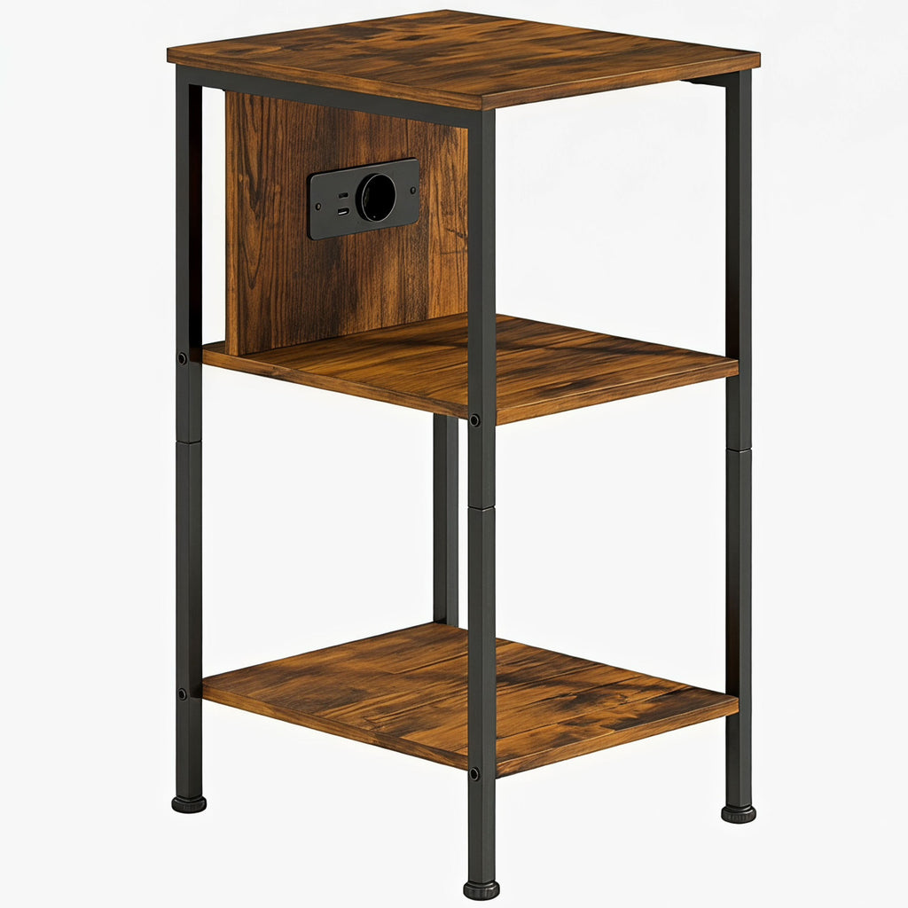 Table d'appoint avec station de charge, bout de canapé étroit avec 2 étagères ouvertes, style industriel, brun rustique-0