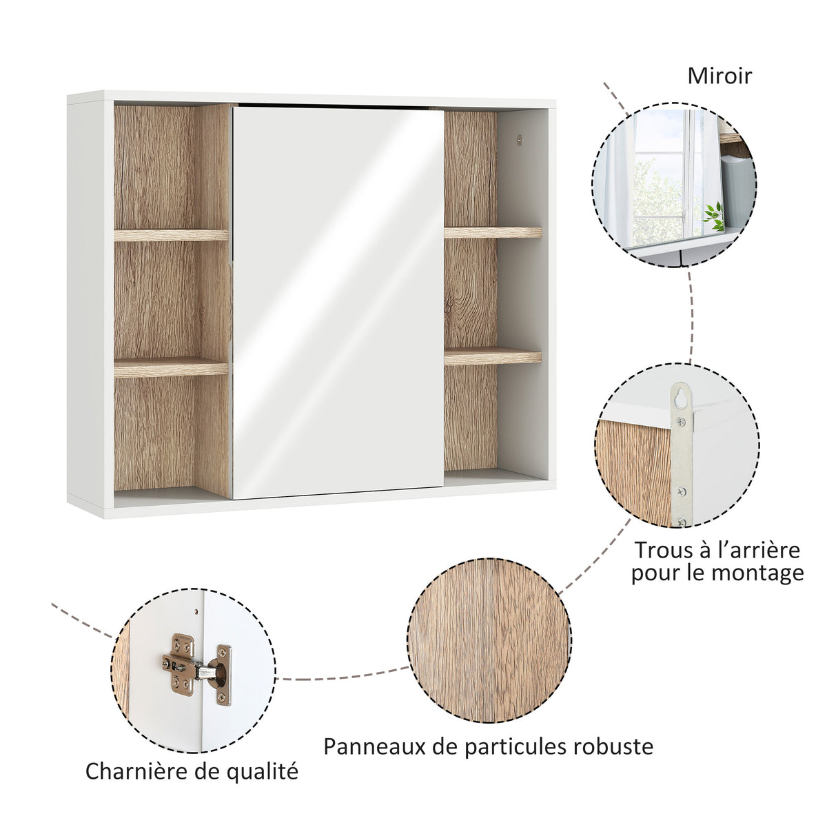 Armoire murale, meuble salle de bain avec miroir, miroir salle de bain avec rangement, placard à portes et 6 compartiments ouverts, 60 x 14,5 x 49,4 cm, blanc-4