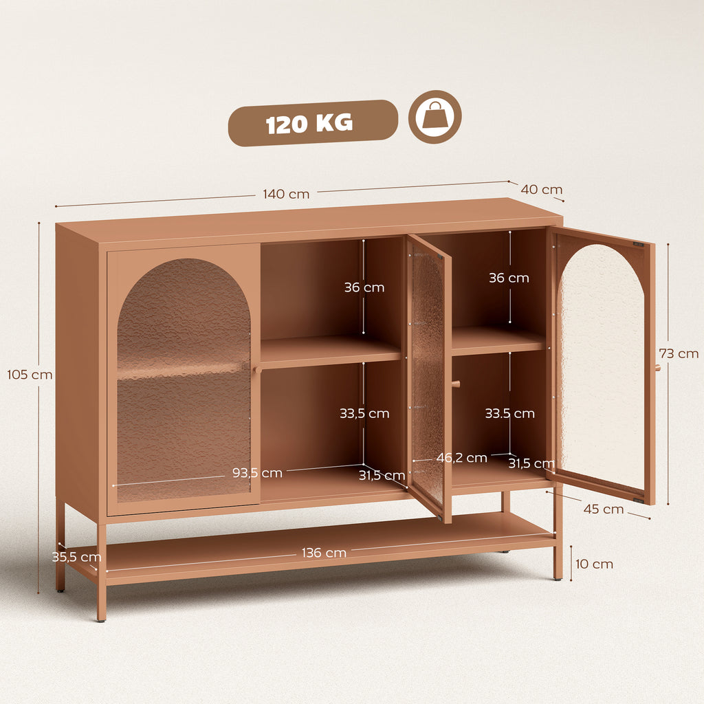 Buffet salon, meuble de rangement avec 3 portes vitrées cintrées et étagère ouverte, 140 x 40 x 105 cm, rouille-2
