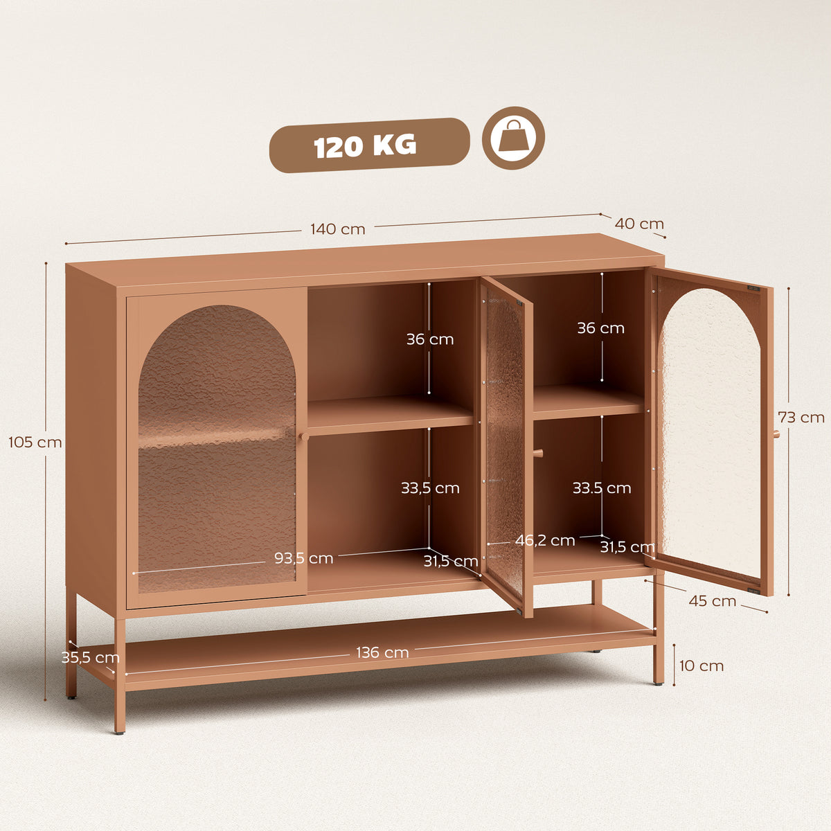 Buffet salon, meuble de rangement avec 3 portes vitrées cintrées et étagère ouverte, 140 x 40 x 105 cm, rouille-2