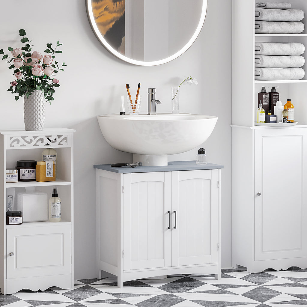 Meuble salle de bain sous lavabo à double portes avec étagères réglables, blanc-1