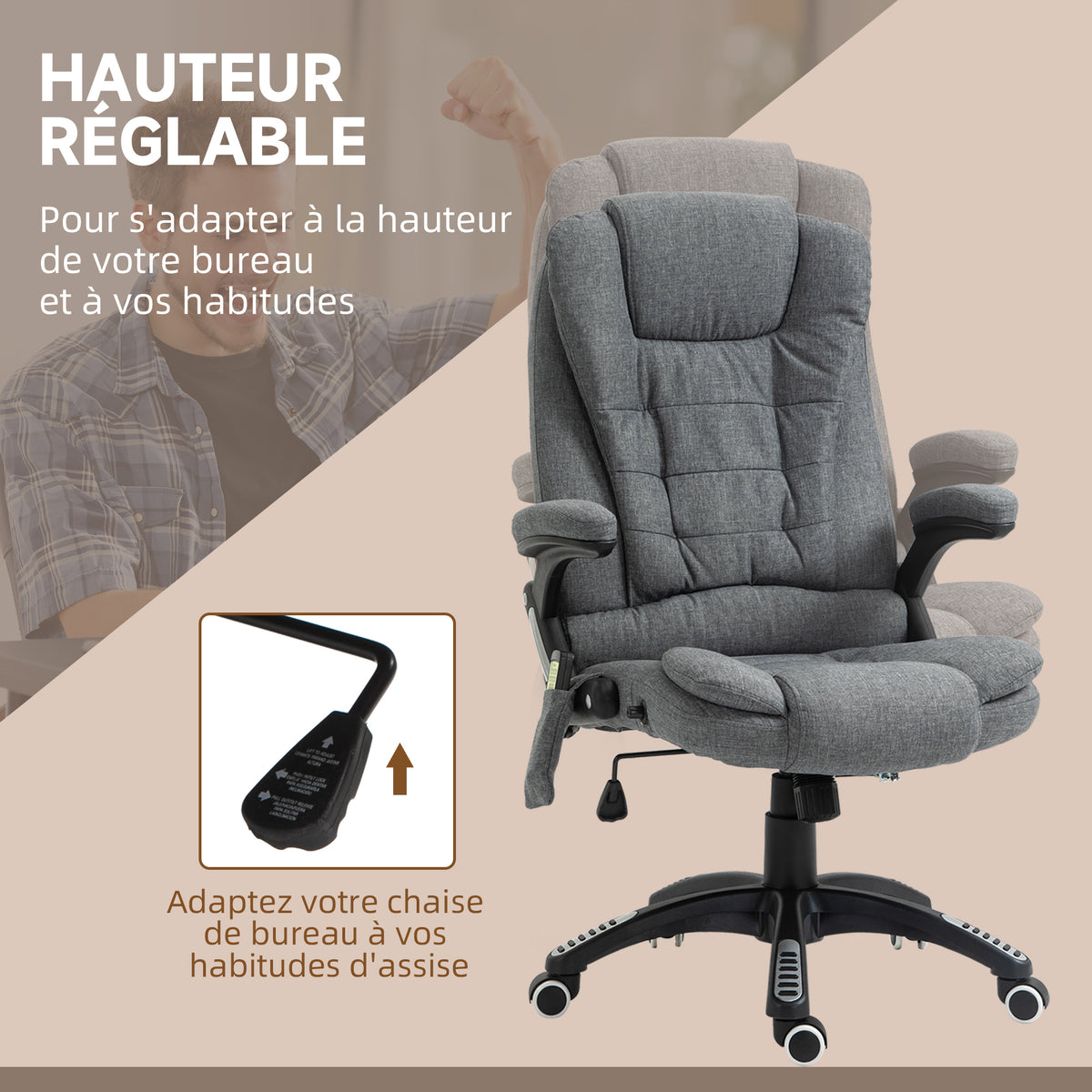 Fauteuil de bureau massant et chauffant, chaise de bureau, chaise ergonomique avec hauteur réglable, dossier inclinable et télécommande filaire, pivotant à 360° tissu en polyester gris chiné-4