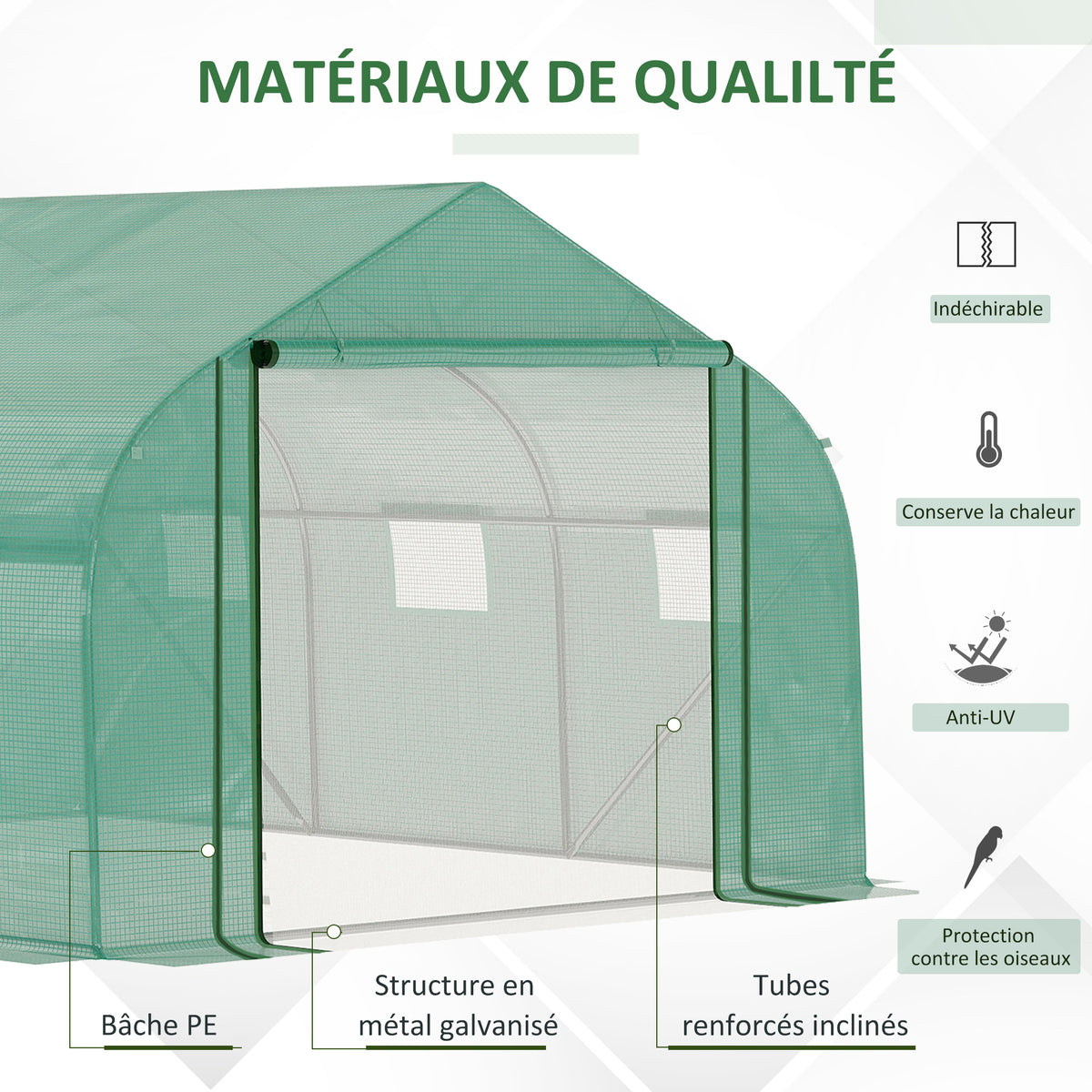 Serre Tunnel de Jardin Grande 3.5 x 3 x 2 m - 6 fenêtres et Porte zippée Enroulable - Acier galvanisé PE Haute densité Vert-3