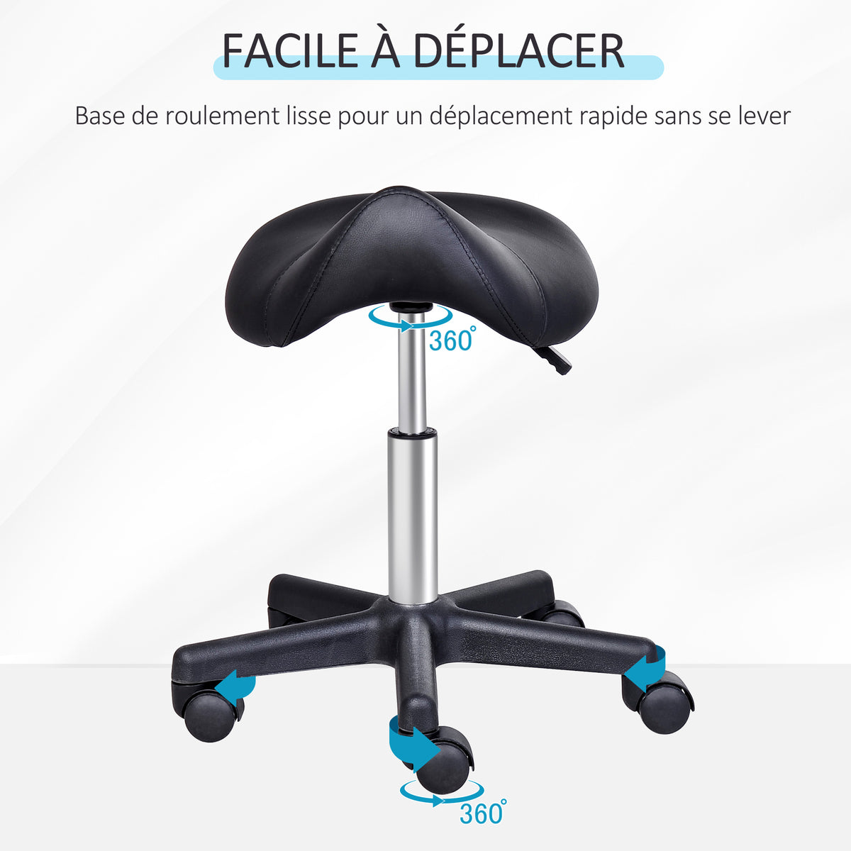 Tabouret à roulettes, tabouret de massage avec hauteur réglable 43-55 cm et selle ergonomique, chaise de travail à roulettes pivotant 360°, pour salon de massage, tatouage, clinique, spa, noir-4