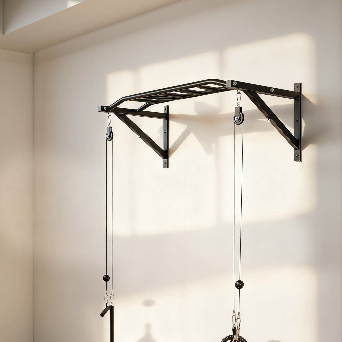 Barre de traction murale barre de fitness multi-prise système de poulie à câble charge 200kg, acier 126x60x45,5cm, noir-1