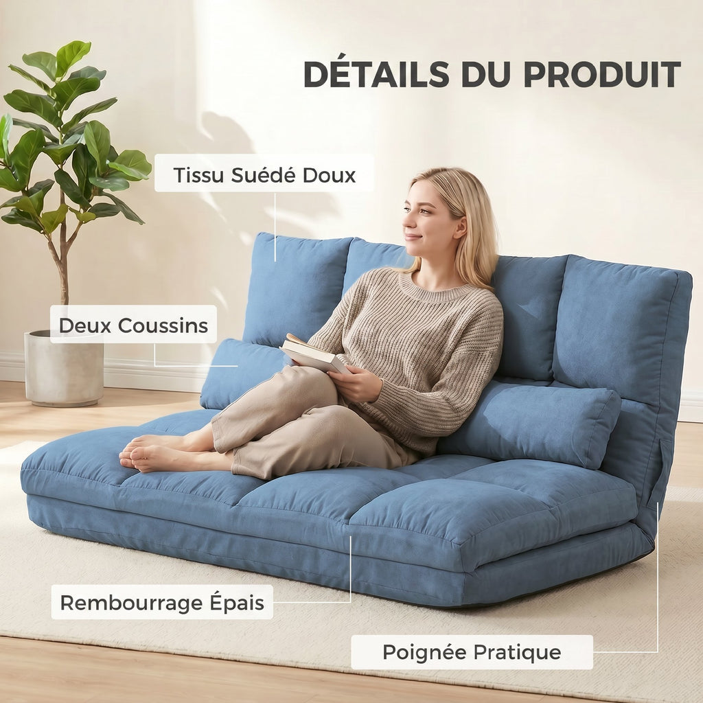 Chauffeuse matelas d'appoint pliant convertible - inclinaison dossier réglable 14 positions - 2 coussins inclus, bleu-5