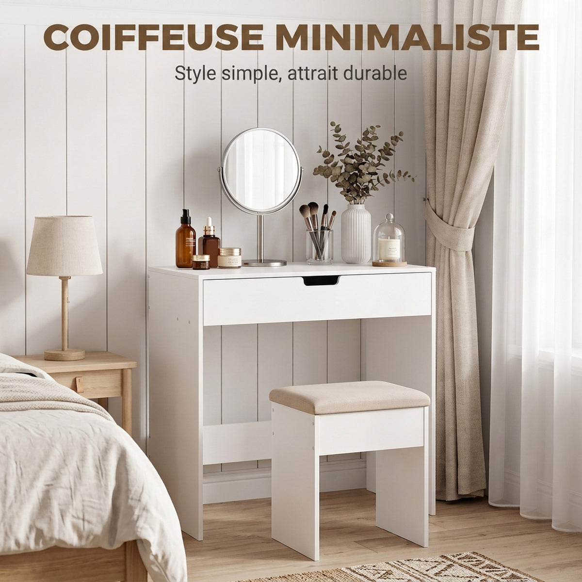 Coiffeuse avec tiroir, table de maquillage moderne moderne, pour chambre à coucher, 75 x 40 x 75 cm, blanc-3