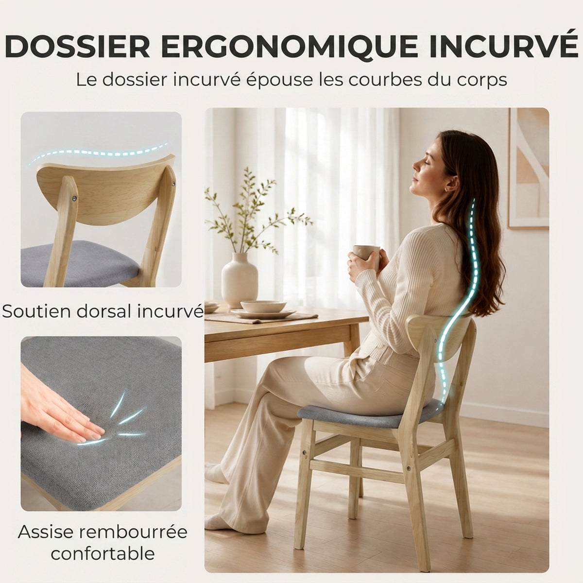 Lot de 2 Chaises de Salle à Manger, Chaises Cuisine, Assise Rembourrées en Lin, Dossier Incurvé, Gris et Bois Naturel-3