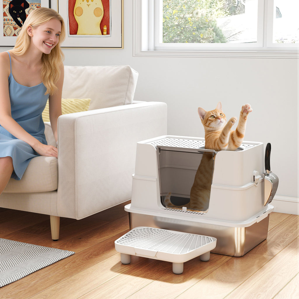 Bac à Litière XL en Acier Inoxydable pour Grand Chat, Couvercle Pivotant 100°, Pelle, 60,2x40,2x44,5cm, Gris Clair-9