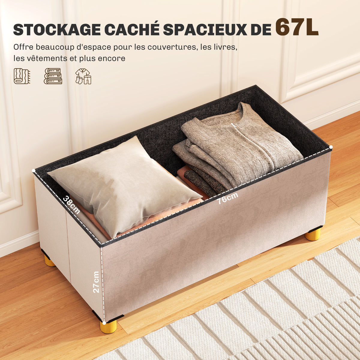 Banc de rangement bout de lit pliable volume 67 L capacité de charge 120 kg avec couvercle 76L x 38l x 38H cm rose-3