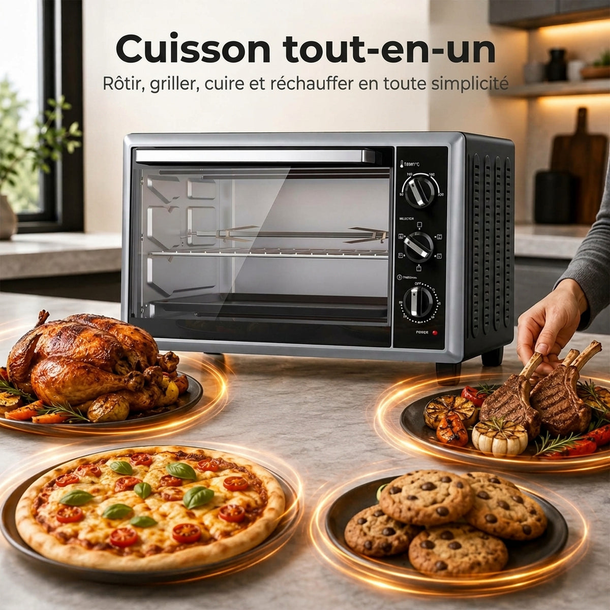 Mini-Four Électrique avec Broche Rotative 46L 1800W, Four à Convection Multifonction, Chaleur Tournante, Minuterie, Noir-3