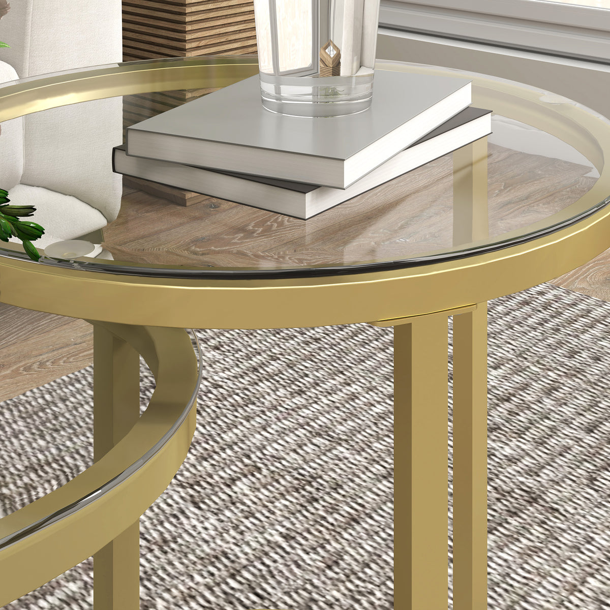 Lot de 2 tables basses tables d'appoint gigognes encastrables structure en acier et plateau verre trempé transparent or-8