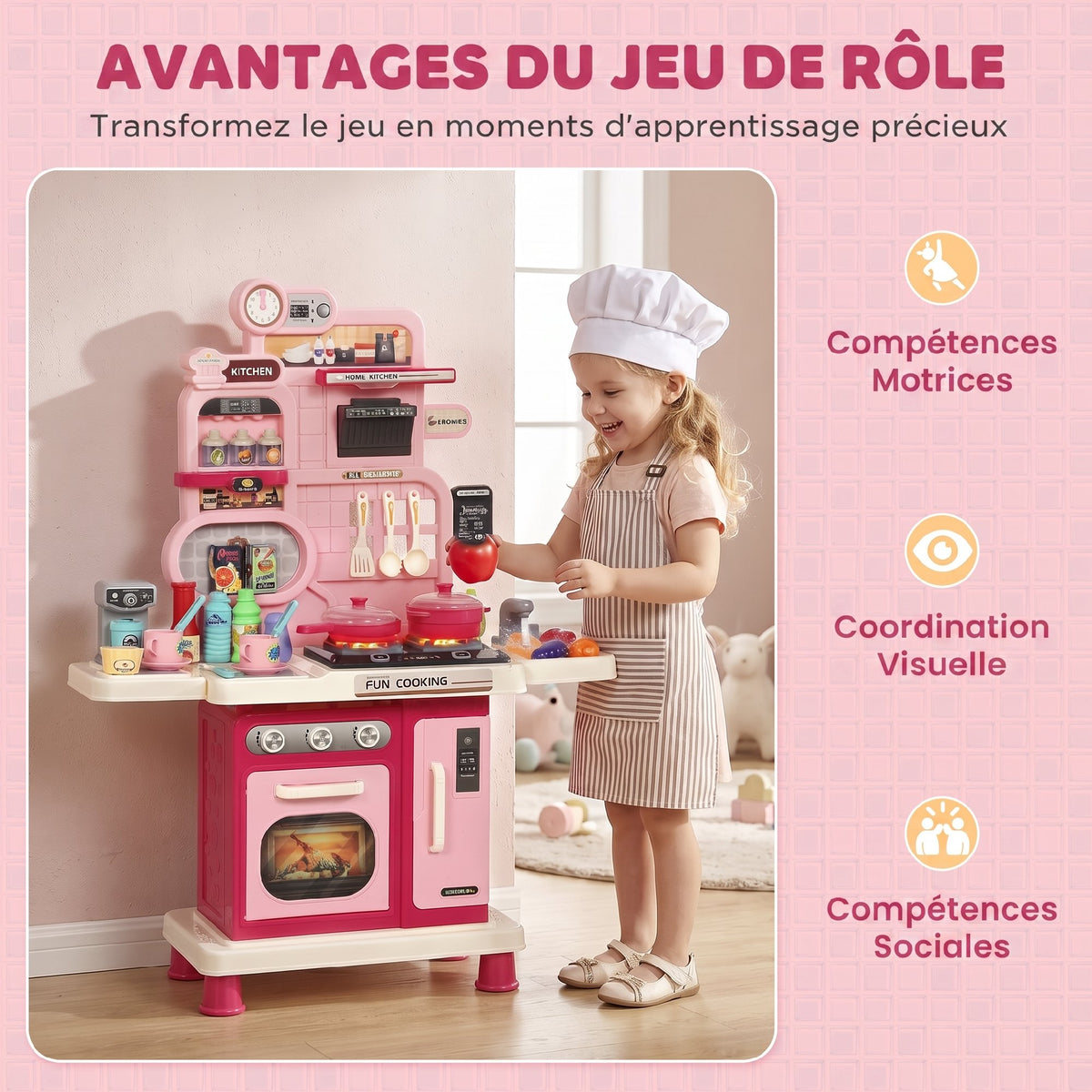 Cuisine pour Enfants Interactive, 33 Accessoires, avec Sons, Lumières, Rangement, 3-6 Ans, 67x25x87cm, Rose-6