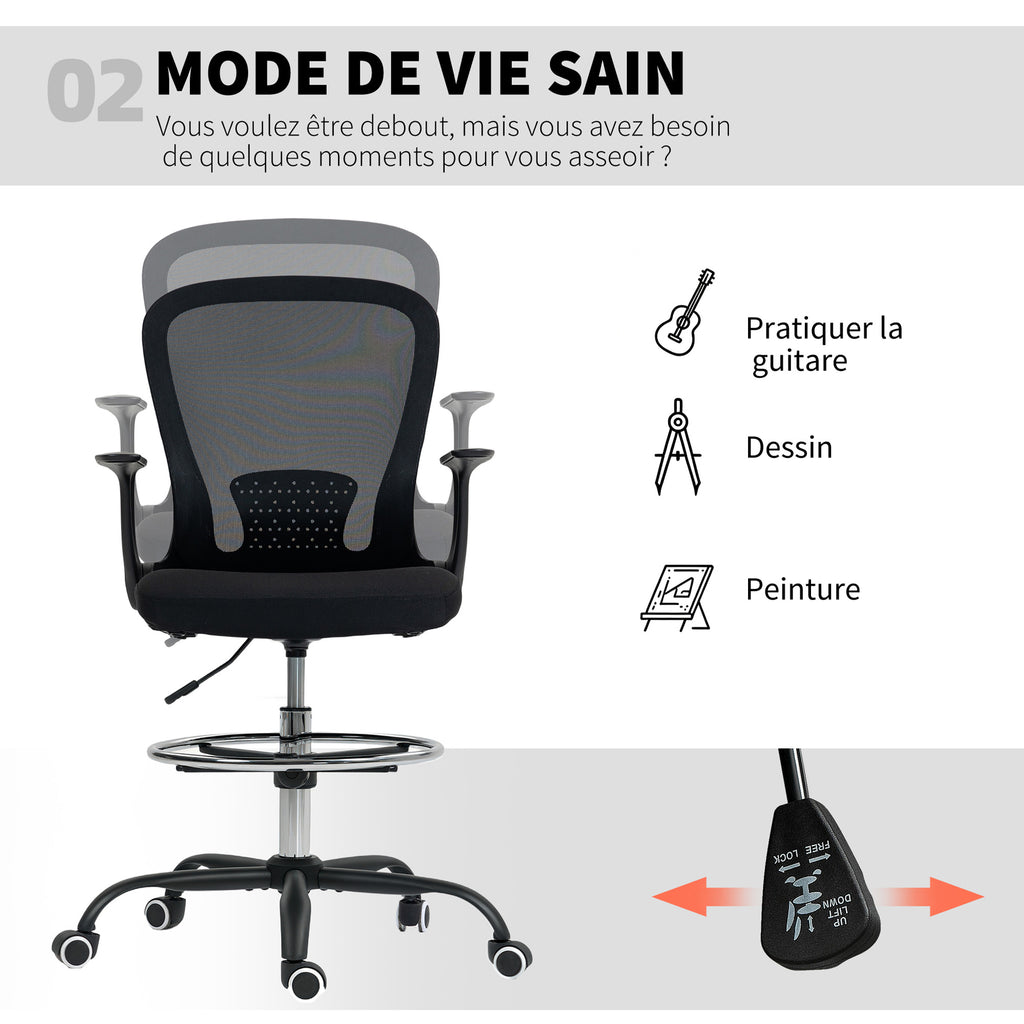 Chaise bureau ergonomique avec repose-pieds ajustable et accoudoirs relevables, hauteur réglable, 59x62x99-119cm, noir-4