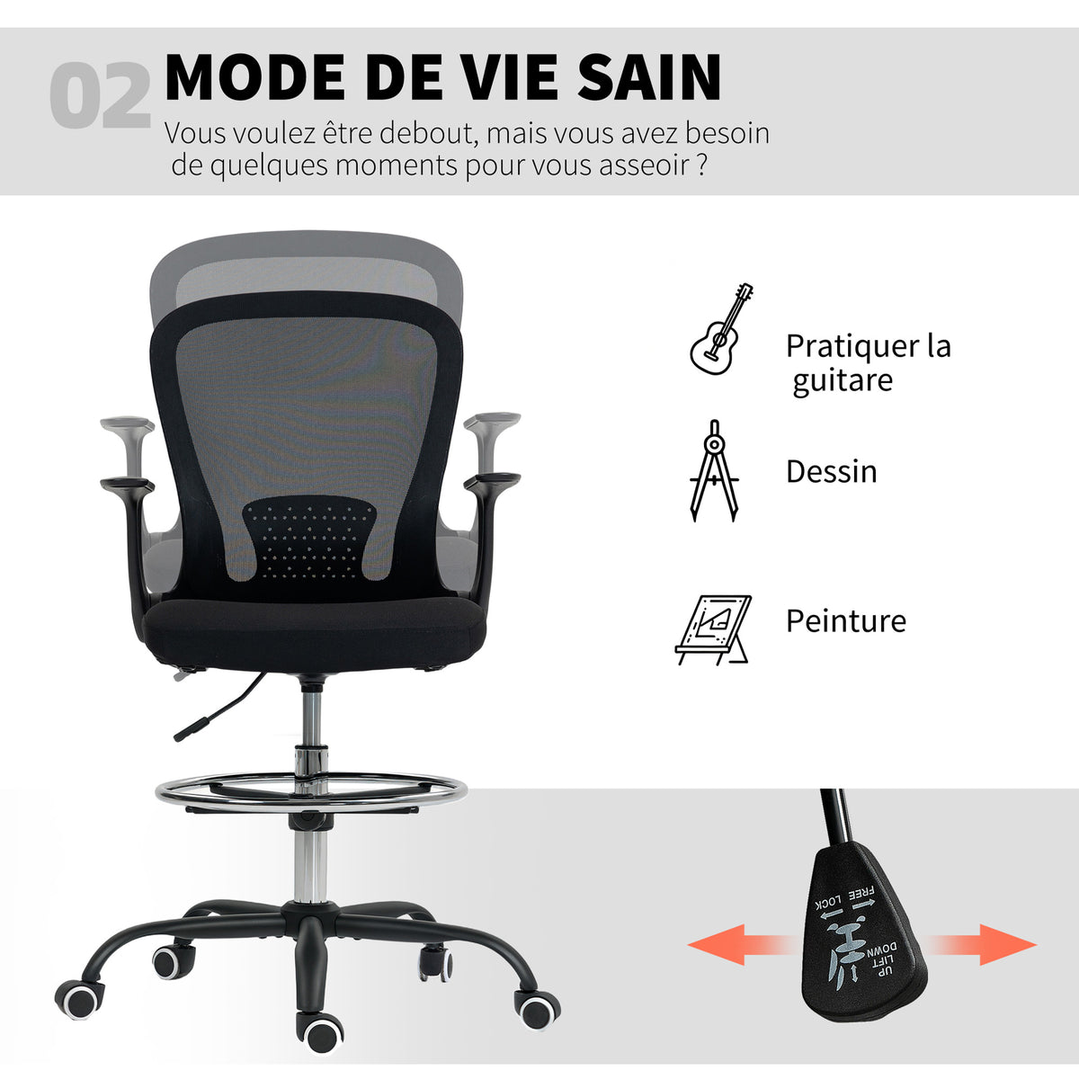 Chaise bureau ergonomique avec repose-pieds ajustable et accoudoirs relevables, hauteur réglable, 59x62x99-119cm, noir-4