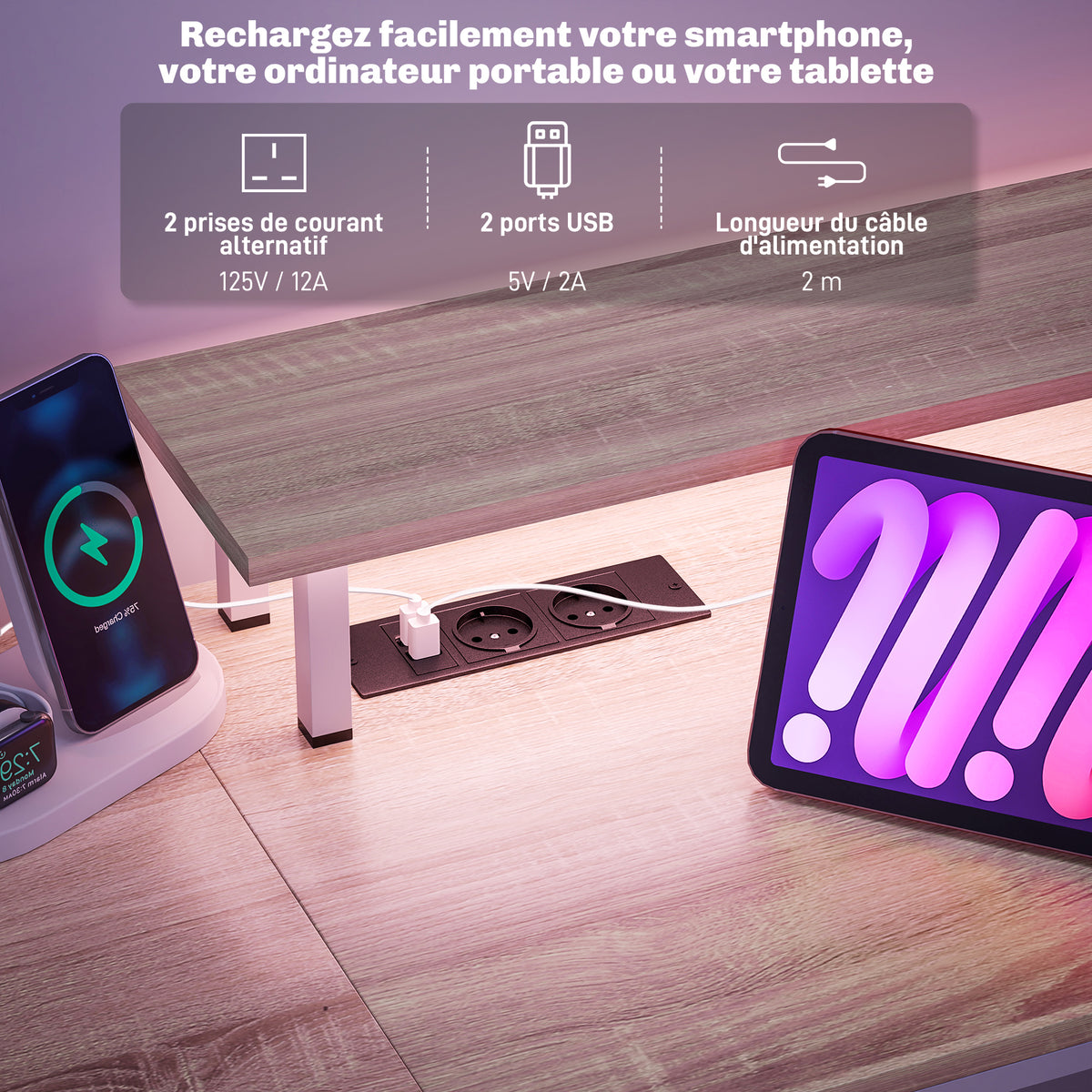 Bureau d'ordinateur bureau lumières LED réglables 2 prises ports USB tiroirs étagères 155,5x48x88,5cm effet bois naturel-4