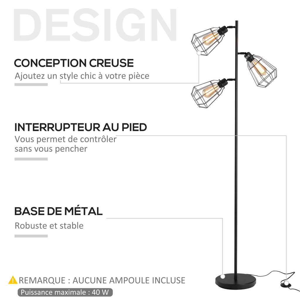 Lampadaire design industriel 3 ampoules max. 40 W abat-jour cage métal noir-3