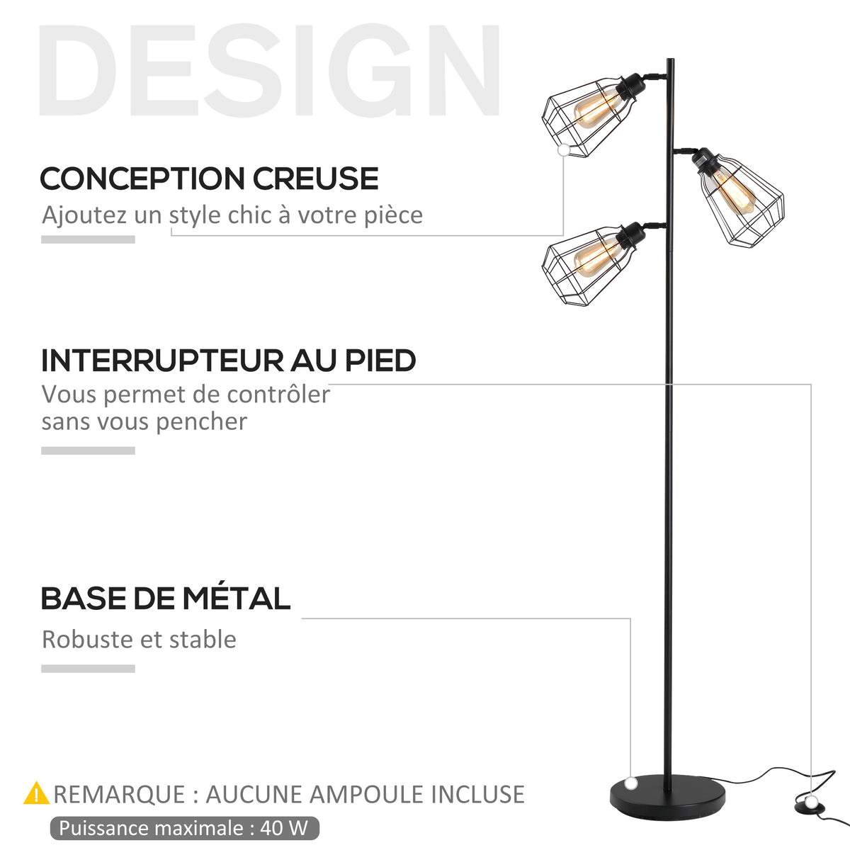 Lampadaire design industriel 3 ampoules max. 40 W abat-jour cage métal noir-3