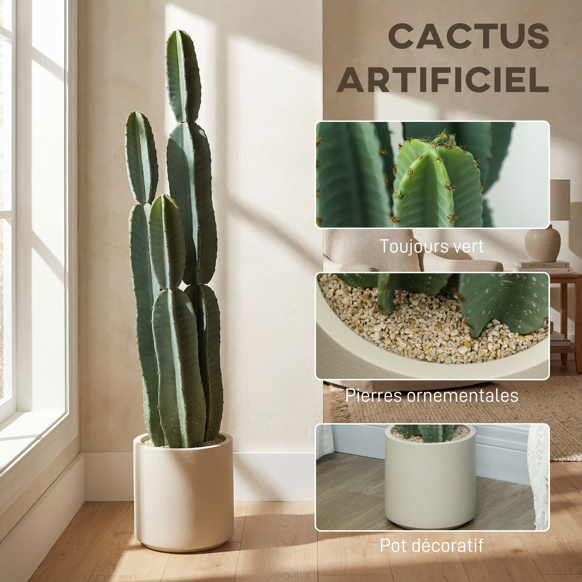 Cactus Artificiel 111 cm, Grand Réalisme, Plante Artificielle en Pot, sans Entretien, pour Maison et Bureau, Vert-3