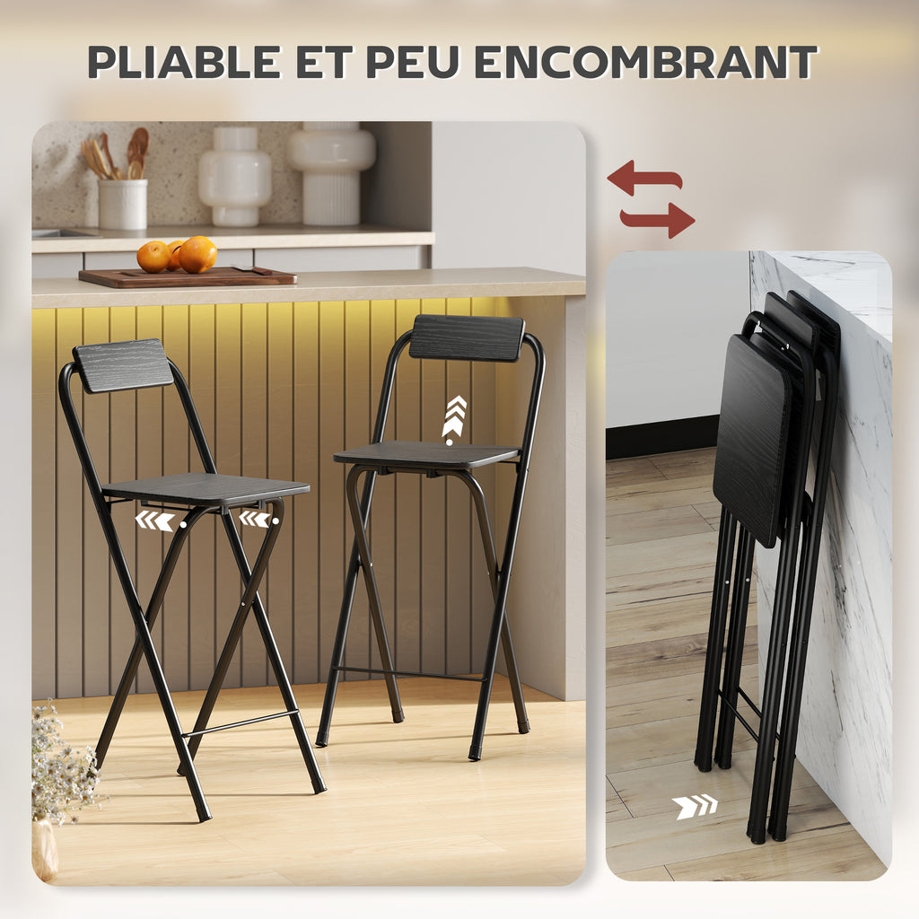 Lot de 2 tabourets de bar pliables avec dossier et repose-pieds, cadre en acier, 87 cm de haut, noir-3