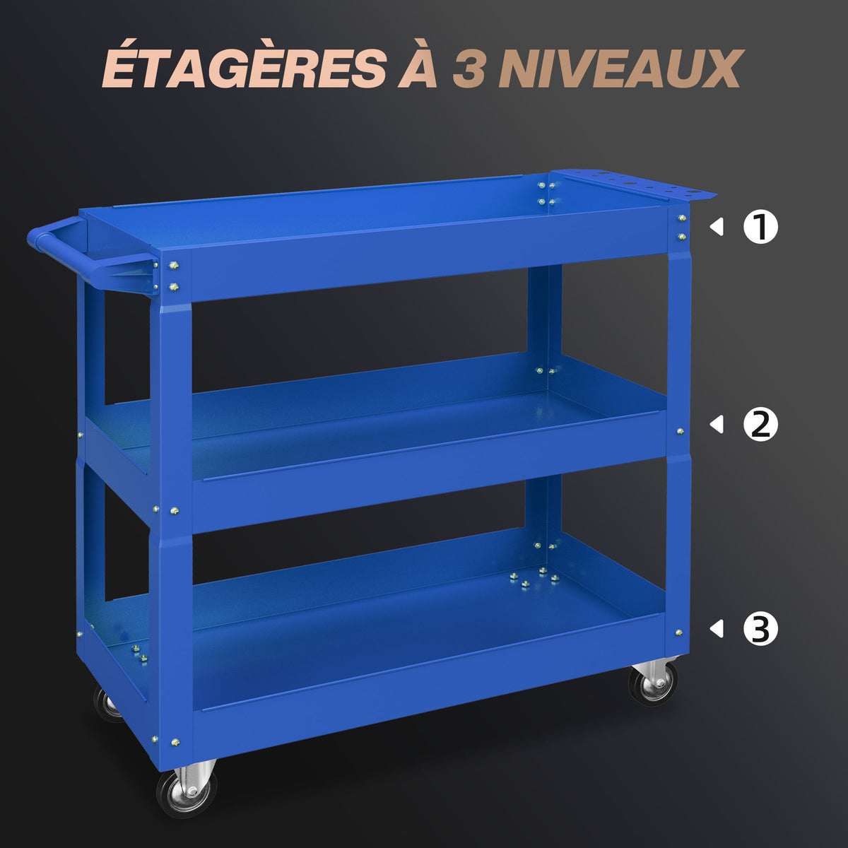 Chariot desserte d'atelier acier 3 plateaux sur roulettes avec poignée charge max. 150 kg 83 x 35,3 x 76 cm acier bleu-3