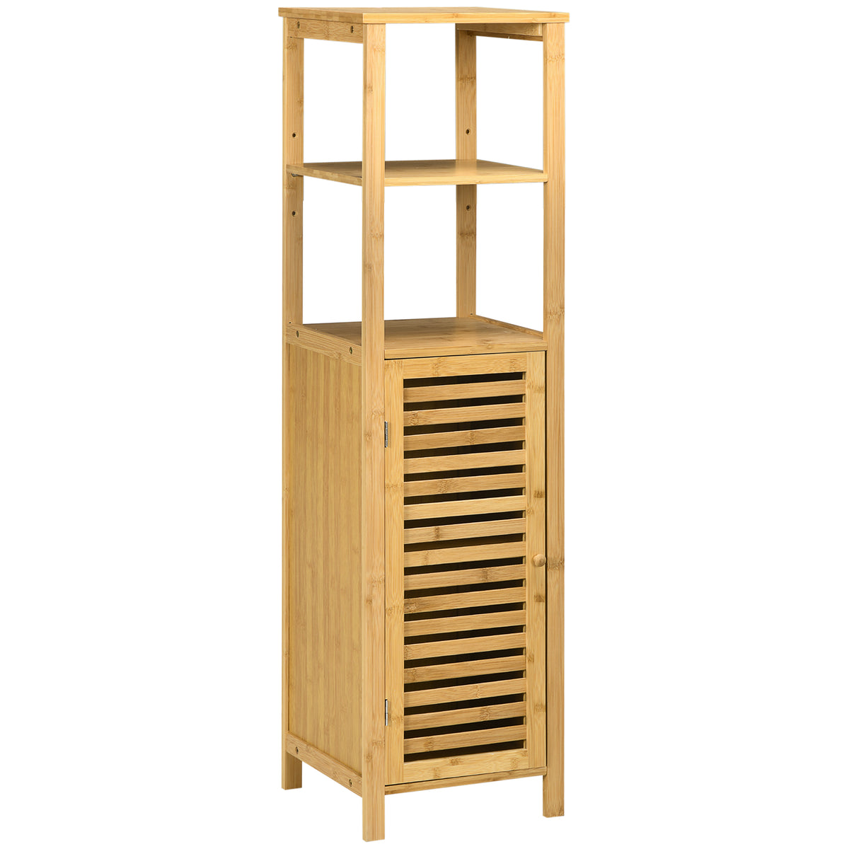 Meuble colonne salle de bain en bambou 2 étagères ouvertes et placard, 32,9 x 29,9 x 120 cm, bois naturel-0
