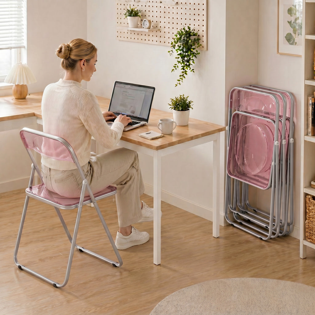 Lot de 4 chaises pliantes en acrylique et acier, chaises pliantes portables pour maison, salle à manger, roses-6