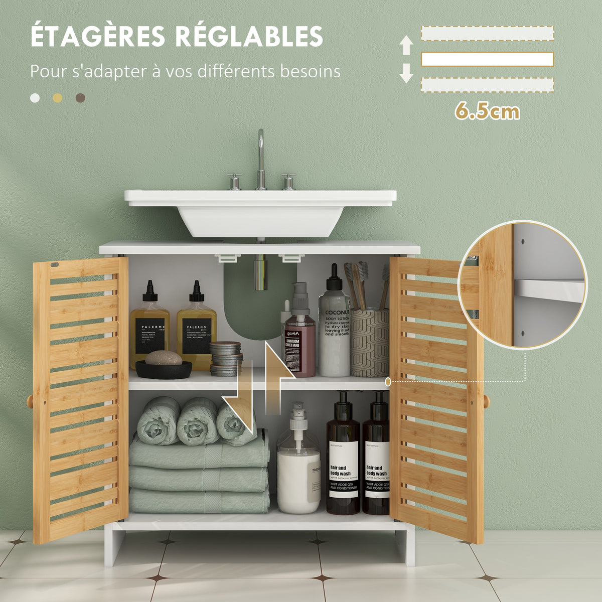 Meuble sous vasque de salle de bain 2 portes étagère réglable armoire de rangement pour lavabo 60x30x60 cm bambou blanc-4