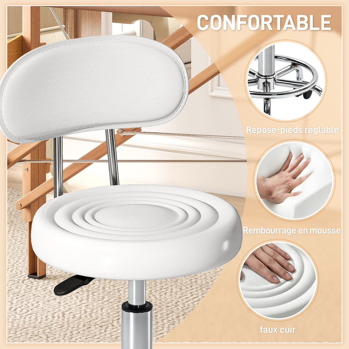 Tabouret à roulettes, tabouret de massage avec hauteur réglable 70-86 cm et dossier, pivotant 360°, blanc-3
