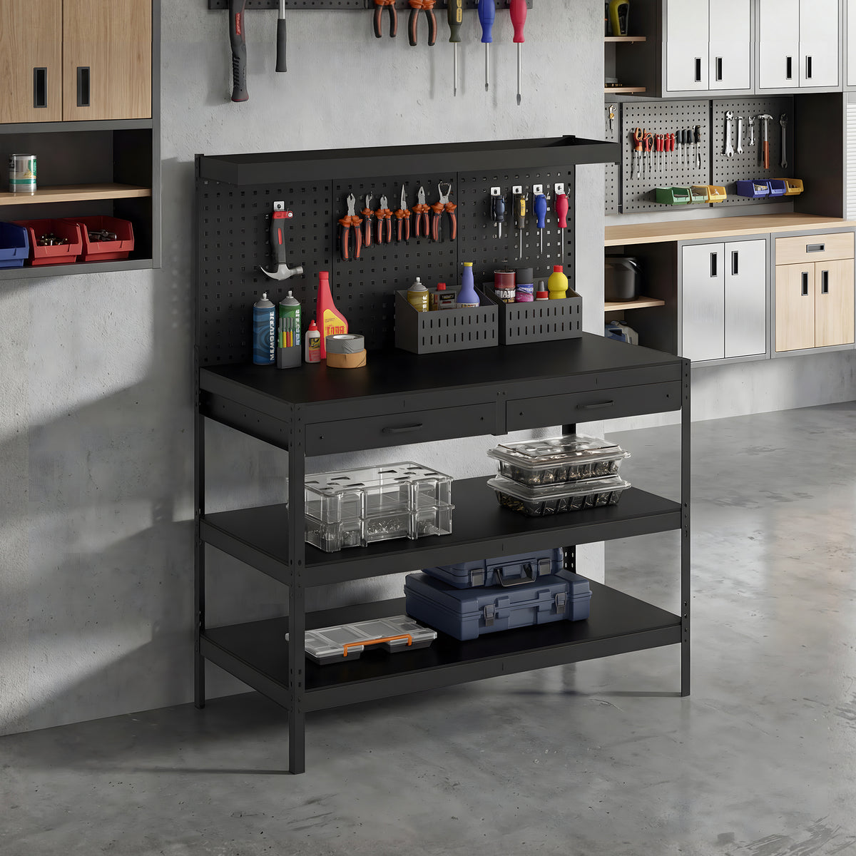 Établi d'Atelier, Charge Max. 272 kg, 122x61x156 cm, Panneau Perforé, 2 Tiroirs et 2 Étagères Réglables, Noir-1