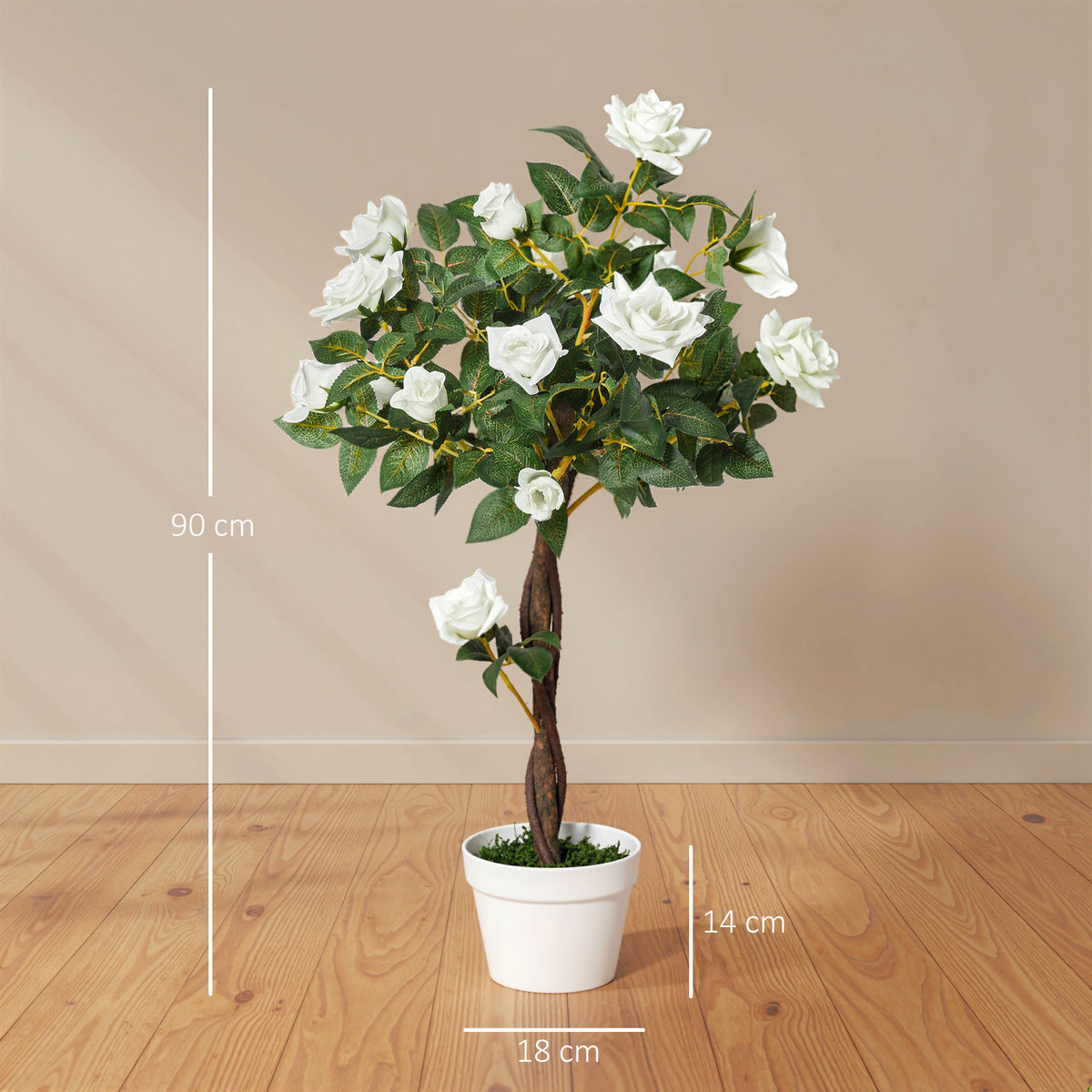 Arbre à Roses Artificiel 90 cm en Plastique, 21 Fleurs, 350 Feuilles en Tissu, Pot, Facile à Entretenir, Blanc-2
