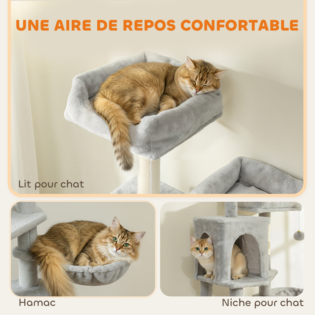 Arbre à chat tour de jeux pour chat 3 platesformes 2 niches 2 lits 2 hamacs 1 échelle hauteur 177 cm gris clair-4