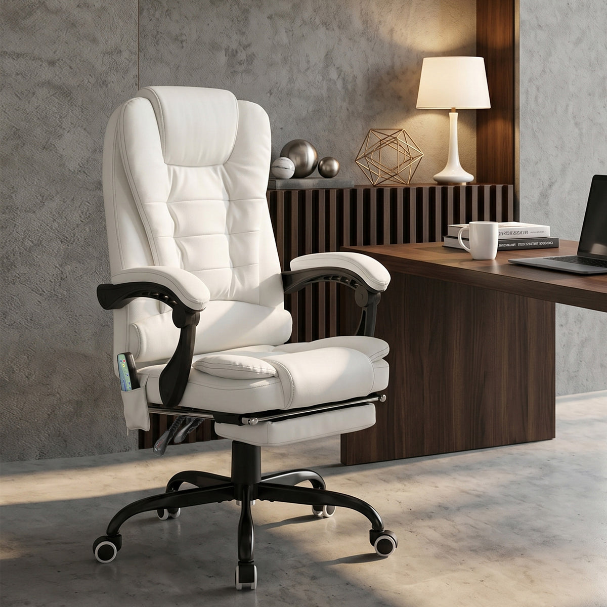 Fauteuil de Bureau Massant 7 Points, Chaise de Bureau Ergonomique avec Repose-pieds Rétractable, Dossier Inclinable 155°, Hauteur Réglable, Pivotant à 360°, télécommande Filaire, Blanc-9