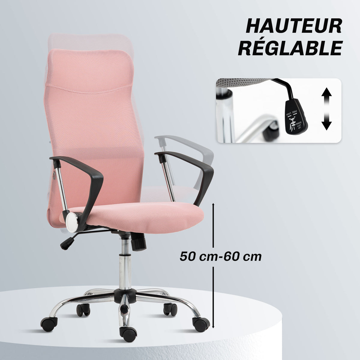 Fauteuil de bureau manager dossier ergonomique hauteur assise réglable pivotant tissu maille 63x65x119109-119cm rose-3